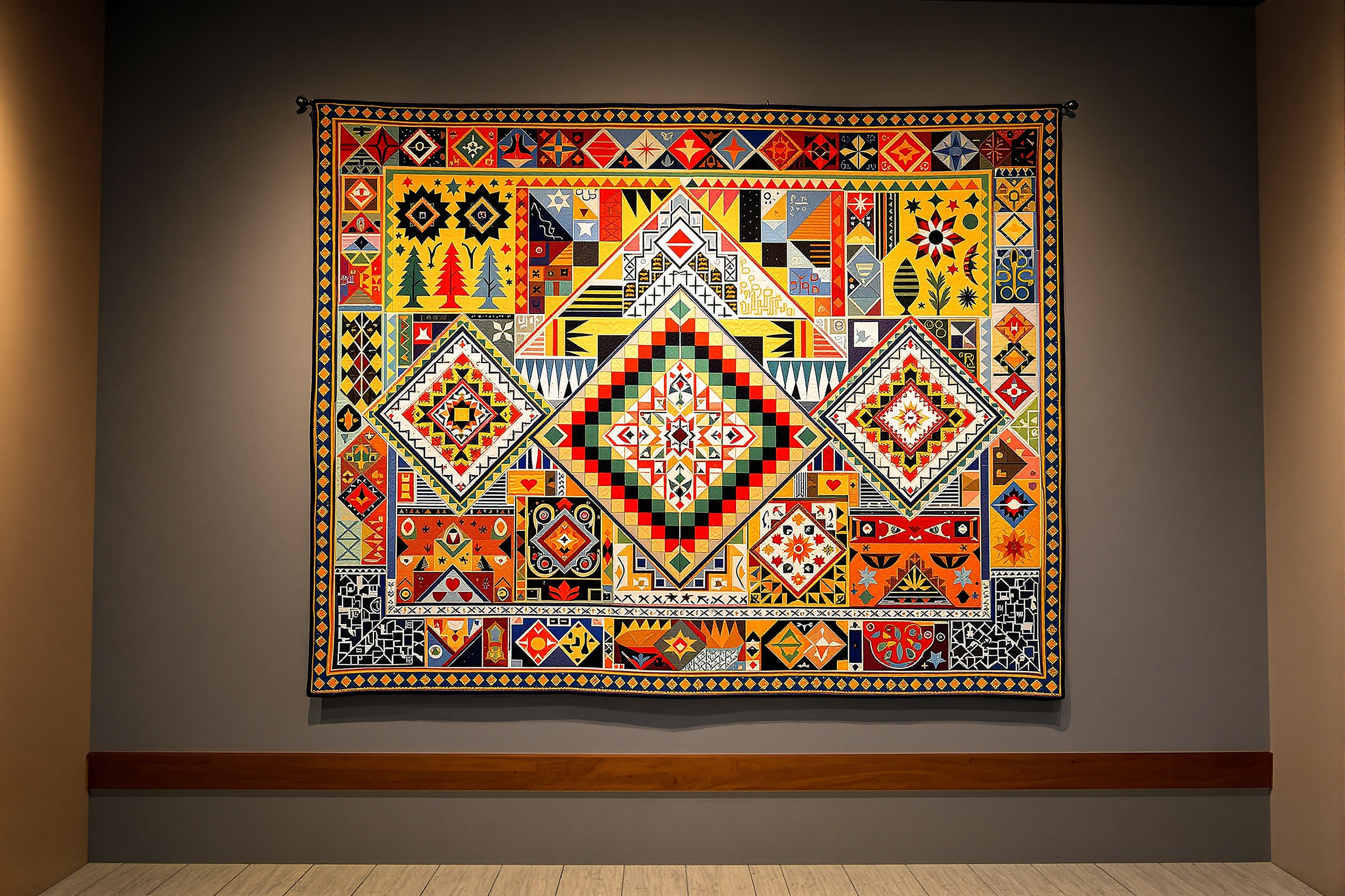 Handmade quilt combining textile patterns from many cultural traditions