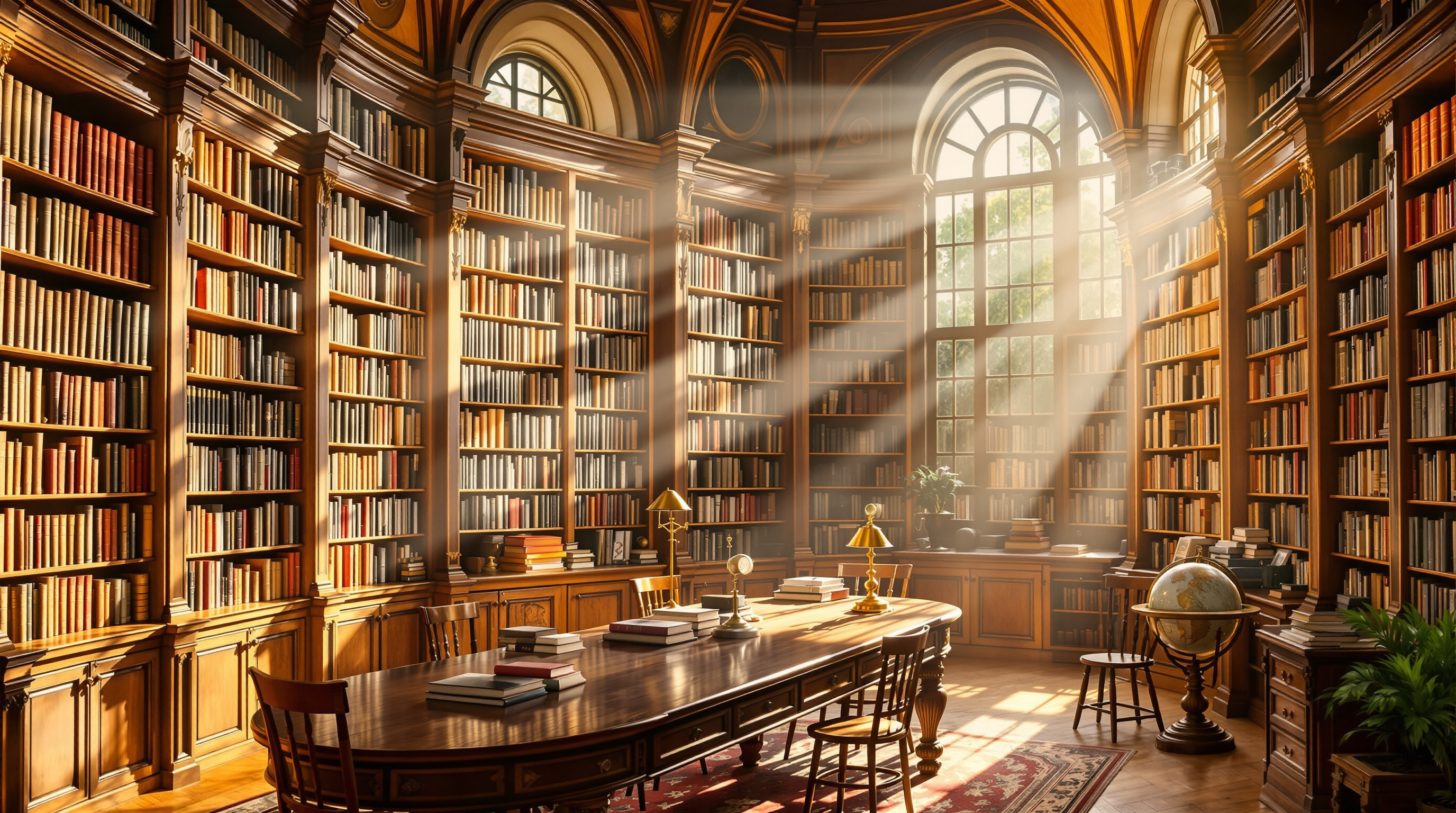 Sunlit library reading room lined with multicultural reference books